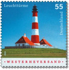 Briefmarke der Deutschen Post mit dem Leuchtturm Westerheversand