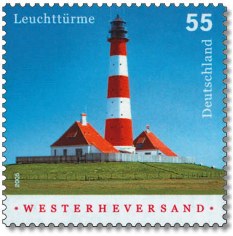 Briefmarke der Deutschen Post mit dem Leuchtturm Westerheversand