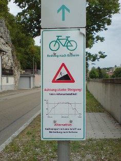 Warnung vor großer Steigung beim Kloster Weltenburg, Donau-Radweg