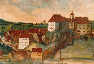 Sigmaringen am Donau-Radweg: Schloss und Stadt um 1750, Maler unbekannt, Quelle Wikipedia