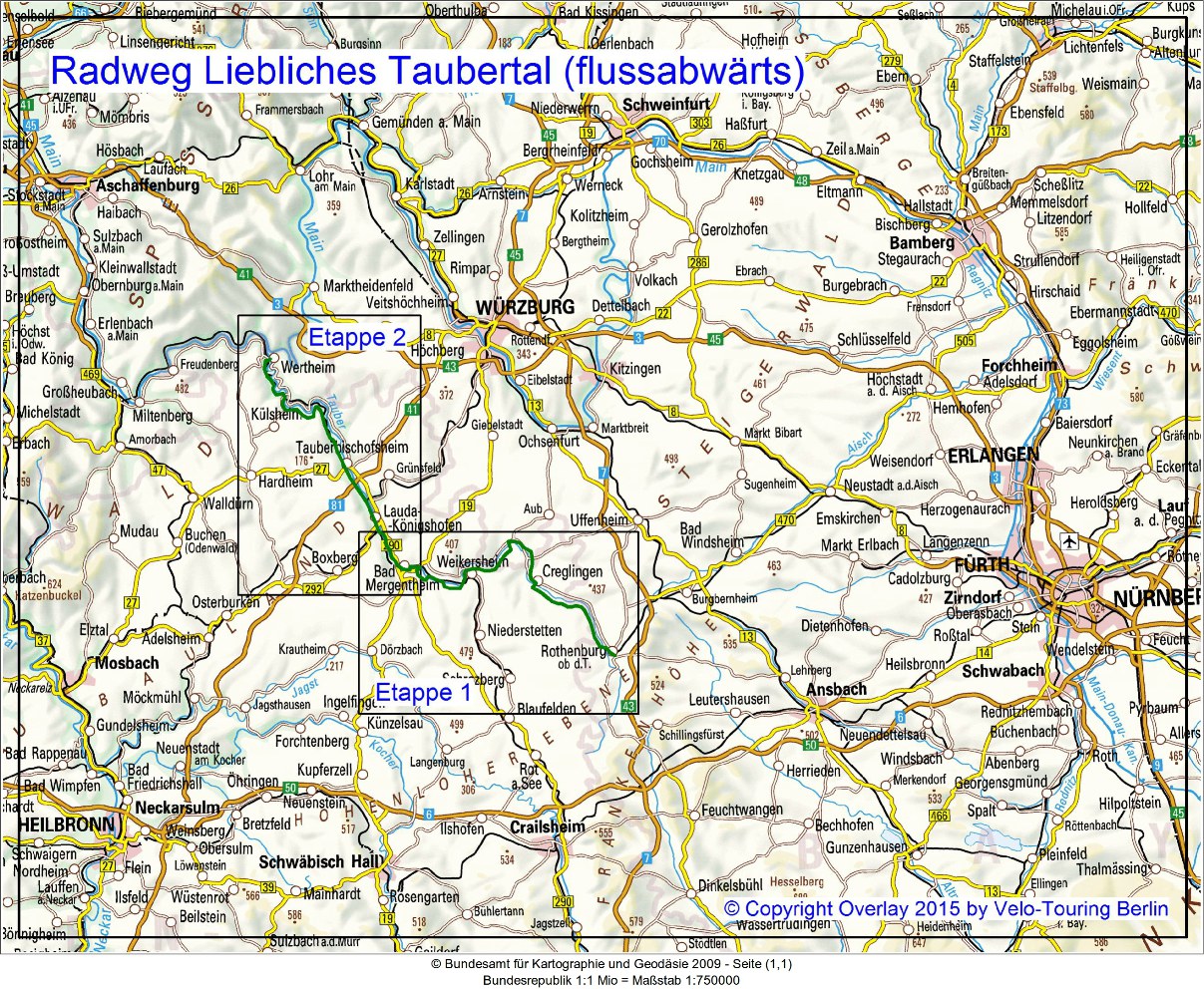 Vergrößern Übersichtskarte Tauber-Radweg (flussabwärts)